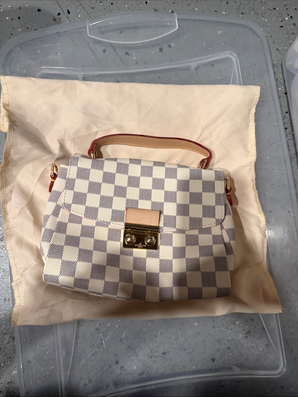 Cream and Light Gray Checkered Top-Handle Satchel with Red Trim